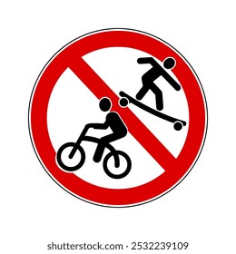 No cycling, no skateboarding. Ban sign with the pictograms of a cyclist and a skateboarder.