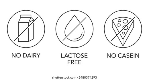 Etiquetas sin lácteos, sin lactosa y sin caseína en línea delgada - etiquetado de alimentos para consumidores con intolerancia a los productos lácteos y reacciones alérgicas 