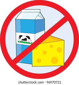No Dairy A red circle outline with a slash through it, is superimposed over a piece of cheese and a milk carton with a picture of a cow on the side, clearly indicating NO DAIRY.