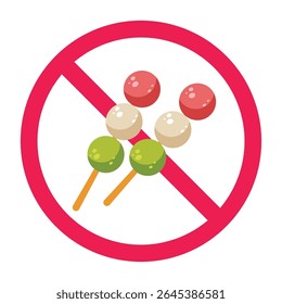 No dango sign, forbidden dango sign, hanami dango with red cross icon, no sweets sign, japanese dango restriction sign