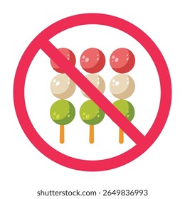 Nenhum sinal de dango, sinal proibido de dango, símbolo proibido de dango, nenhum sinal de sobremesa japonês, dango hanami com círculo cruzado vermelho