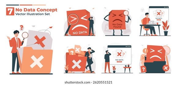 No data concept Illustration set showing data error, missing files, and corrupted documents symbolizing no data access or failure