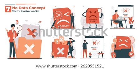 No data concept Illustration set showing data error, missing files, and corrupted documents symbolizing no data access or failure