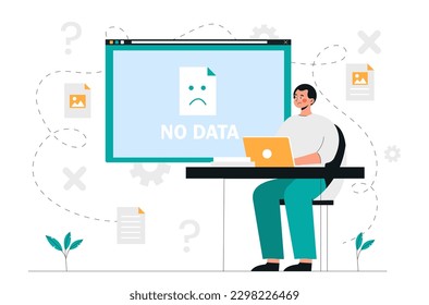 No data concept. Man behind laptop looks sadly at screen. No files in archive and electronic storage, technical error. Wrong link or code.