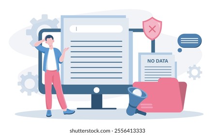 No data concept. Man near empty folder. Lost electronic documents, broken gadget and device memory. Missing documents at server or archive. Flat vector illustration isolated on white background