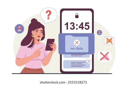 No data at phone. Young girl with smartphone in her hands looks at folder without files. Problems with data, technical error at mobile phone. Flat vector illustration isolated on white background