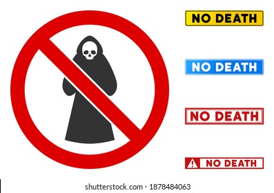 No Death sign with words in rectangle frames. Illustration style is a flat iconic symbol inside red crossed circle on a white background. Simple No Death vector sign, designed for rules, restrictions,