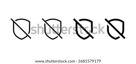No defense shield icon set. Privacy and safety off symbol