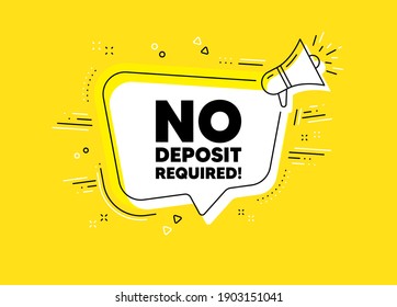 No deposit required. Megaphone yellow vector banner. Promo offer sign. Advertising promotion symbol. Thought speech bubble with quotes. No deposit required chat think megaphone message. Vector