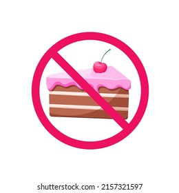 No desserts sign. No cake. Diet. Piece of cake with pink Topping and a cherry. Slice of cake. Flat dessert illustration. No Sweets. Healthy eating
