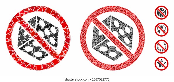 No dice gambling composition of abrupt pieces in various sizes and color tints, based on no dice gambling icon. Vector bumpy pieces are combined into collage.