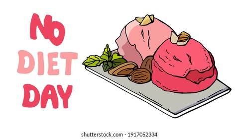 No diet day. Appetizing ice cream on a white isolated background. Hand-drawn style. Vector illustration.