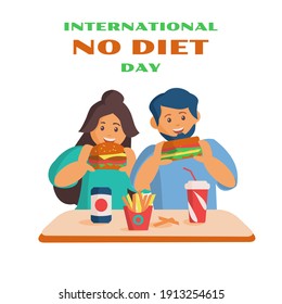 No diet day card Men and woman eat fast food, burger and sandwich and drink soda Cartoon illustration