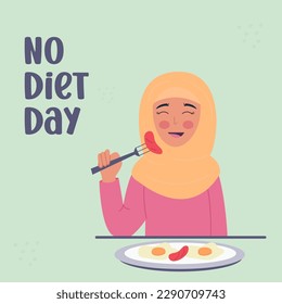 No diet day. Woman in hijab eating unhealthy food