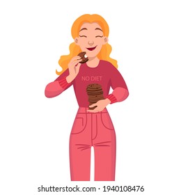 No diet day. A woman holds a plate of cookie in her hands. International no diet day concept. Body positive vector illustration.