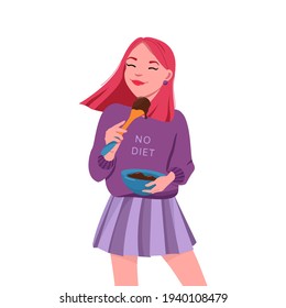 No diet day. A woman holds a plate of sweets in her hands. International no diet day concept. Body positive vector illustration.