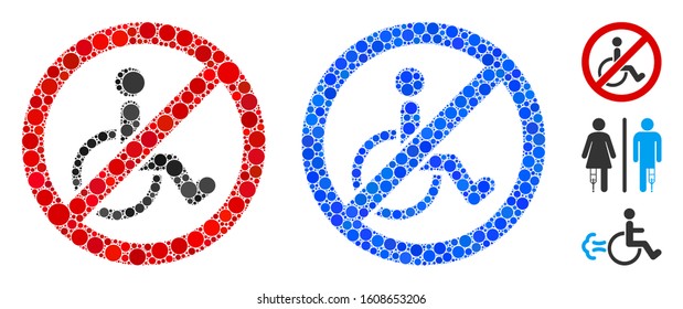 No disabled persons composition of small circles in different sizes and color hues, based on no disabled persons icon. Vector small circles are united into blue mosaic.