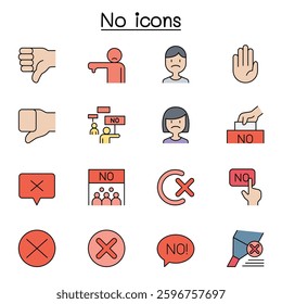 No, Disapprove and Reject icon set in color line style