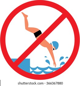 No dive or jump into water rule sign. Boy diving in swimming pool.