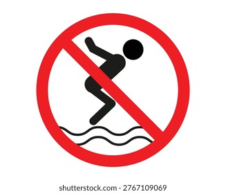 No Diving Prohibited Sign Vector Illustration with Person Silhouette and Red Strikeout Circle