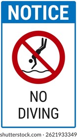 No diving safety notice sign. Vector prohibiton sign with a black silhouette diving into water, crossed out by a red prohibition circle