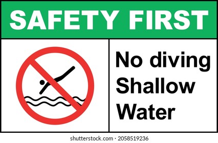 No diving shallow water safety first sign. Forbidden signs and symbols.