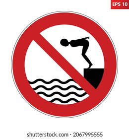 No hay señal de submarinismo. Ilustración vectorial de la señal roja cruzada de la prohibición circular con el salto humano al agua. Saltar al agua está prohibido. El concepto de piscina. Icono inferior superficial.