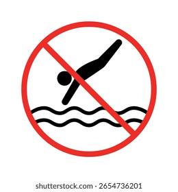 Nenhum sinal de vetor de mergulho no fundo branco. Regras de piscina, aquapark ou praia. Uma pessoa salta na água. Proibição e design de ícone proibido, rótulo de segurança da água.