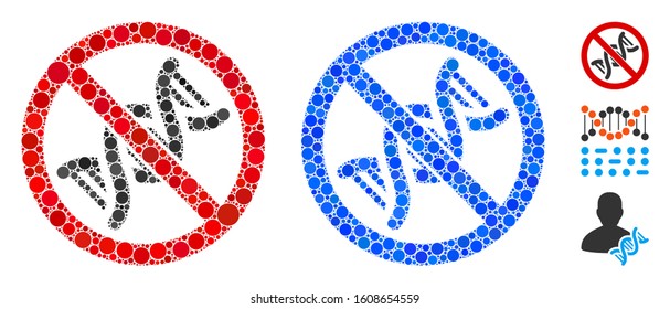 No DNA helix composition of spheric dots in variable sizes and color tints, based on no DNA helix icon. Vector dots are organized into blue composition.