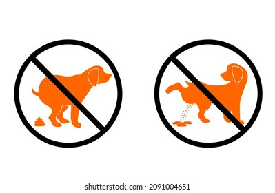 No Dog Poop Sign And No Pissing Dog Sign. Shitting Is Not Allowed. Information Circular Sign For Dog Owners.  No Poo And No Pee. Vector Stock Illustration