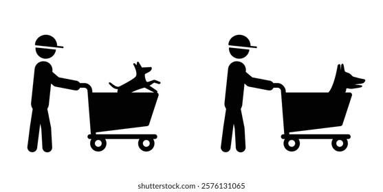 No dog in shopping cart or trolley. Do not domestic animal in supermarket pushcart. Supermarket, self service. No pet allowed sign. No dogs symbol. Prohibition mark with dog in shopping carts.