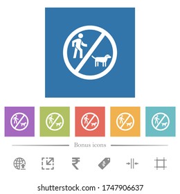 No dog walking flat white icons in square backgrounds. 6 bonus icons included.