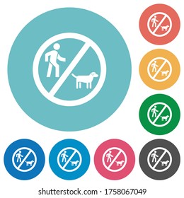 No dog walking flat white icons on round color backgrounds