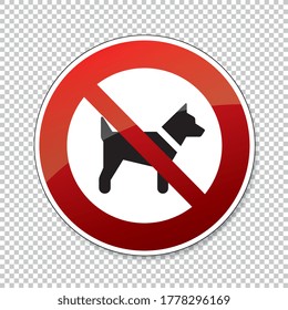 No dogs allowed. Dogs or pets not allowed in this area, prohibition sign on checked transparent background. Vector illustration. Eps 10 vector file.