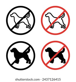 No se permiten perros Icono de signo conjunto. Símbolo vectorial de prohibición de entrada de perro de mascota en un estilo de relleno negro y contorneado. Signo de Pata de Abajo.