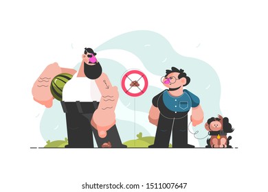 No dogs allowed sign vector illustration. Guy pointing at doggy pooping and saying to pet owner cleaning after puppy flat style concept. Warning symbol design