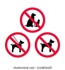 No dogs, no pets, no leash dogs, no free dogs red prohibition sign. Pets not allowed.
