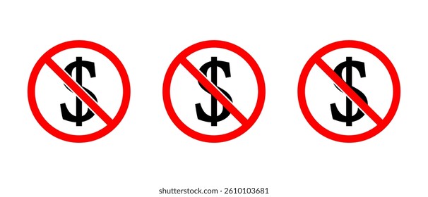No dollar currency icon set. USD currency with forbidden symbol