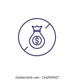 No dollar money bag line icon. Sack with cash and prohibitory sign. Finance concept. Can be used for topics like bankruptcy, currency, corruption, hidden fees