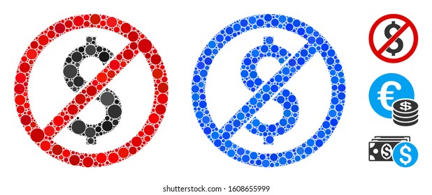 No dollar mosaic of spheric dots in various sizes and color tinges, based on no dollar icon. Vector dots are united into blue mosaic. Dotted no dollar icon in usual and blue versions.