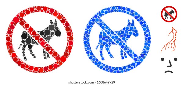 No donkey mosaic of small circles in various sizes and shades, based on no donkey icon. Vector filled circles are united into blue mosaic. Dotted no donkey icon in usual and blue versions.