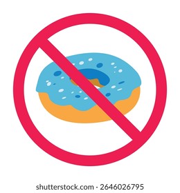 No donut sign, forbidden donut sign, do not eat donut sign, prohibited sweet food icon, blue donut with red crossed circle symbol