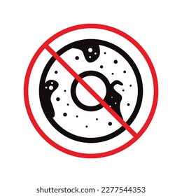 No donut vector icon. Forbidden junk food icon. No food flat sign design. Prohibited donuts icon. Warning, caution, attention, restriction label ban danger. Do not eat symbol pictogram