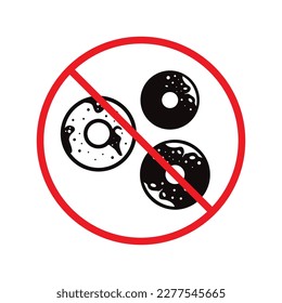 No hay icono del vector donut. Icono de comida chatarra prohibido. No hay diseño de señales planas de comida. Icono de donuts prohibidos. Advertencia, precaución, atención, peligro de prohibición de etiqueta de restricción. No comer pictograma de símbolos