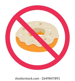 No donuts sign, forbidden donuts sign, donut prohibited symbol, no sweet food sign, white donut with red cross icon