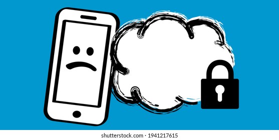No download or upload. Cloud backup failed on mobile phone. Internet security concept icon. Vector private symbol sign. Computing lock or unluck. Data network service, storage. Padlock, keyhole Syber 