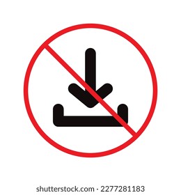 No hay icono de vector de descarga. Prohibido descargar diseño de señas planas. Sin signo de flecha. Icono de carga prohibido. Advertencia, precaución, atención, prohibición de etiqueta de restricción. No descargar el pictograma de símbolos