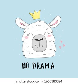 No drama card with Cute hand drawn funny llama. vector print