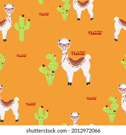 No drama llama. Alpaca and cactus seamless pattern. Llama in the desert