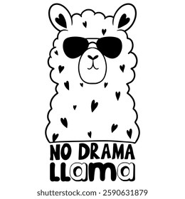 No drama llama. Cool llama in sunglasses. Black and white vector illustration